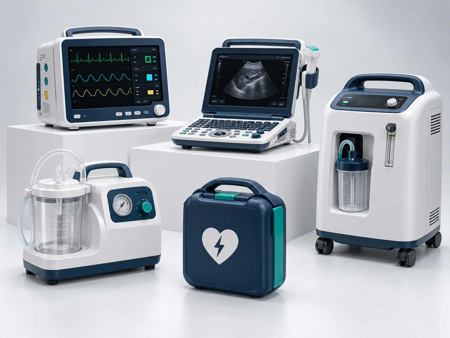 Medical monitors, portable ultrasound, oxygen concentrator, AED and suction equipment