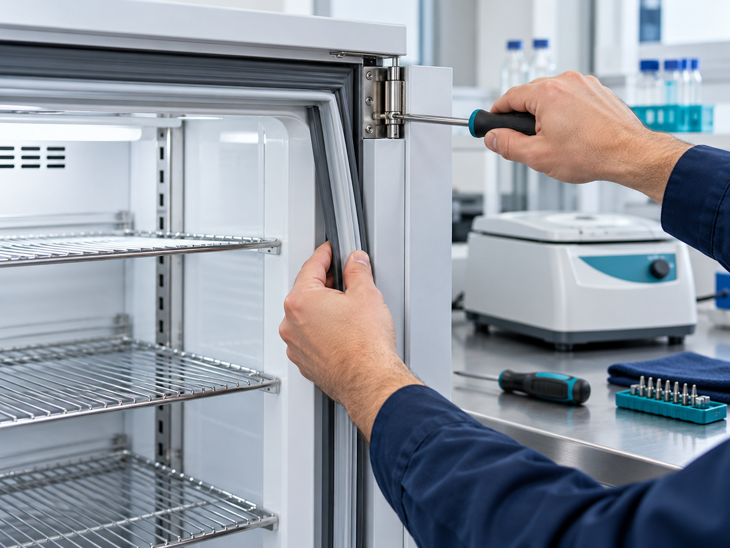 Hands repairing a laboratory refrigerator with service tools